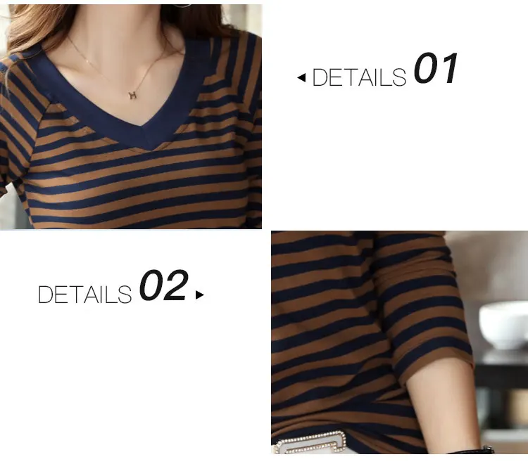 2019 Fashion Green Striped Tops Tees Women Casual Plus Size T-shirt V-neck Long Sleeve Raya Camisetas Mujer Autumn Tshirt Women (13)