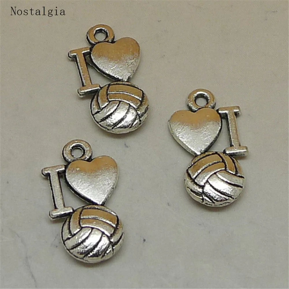 Nostalgia 10Pcs I Love Volleyball Charms Heart Shaped Pendants For
