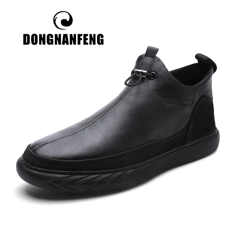 

DONGNANFENG Men's Male Genuine Leather Boots Shoes Warm Casual British Spring Winter Fur Plush Elastic Band Size 38-44 XCR-7217