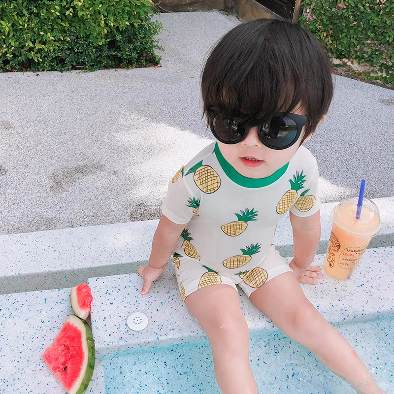 Summer Pineapple Printed Boys Swimsuit Children Sets With Hat For 75-125cm