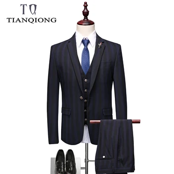 

TIAN QIONG Stripe Suits Men 2019 New Spring Autumn Slim Fit Wedding Suits For Men Costume 3 Pieces Homme Formal Suit Man