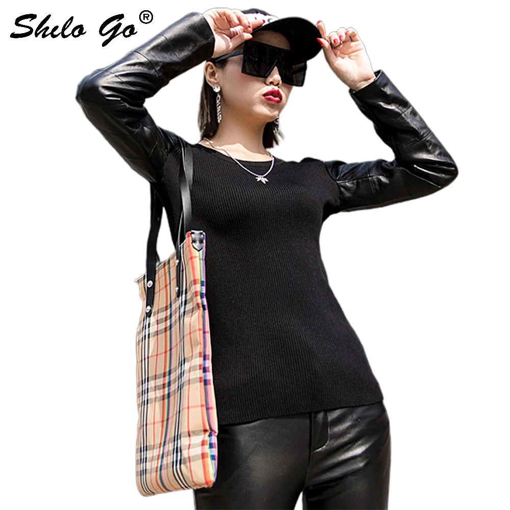 Streetwear Leather Blouses Women Casual O Neck Knitted Spliced Long Sleeve Sheepskin Genuine Leather Shirts Female Top Shirts Streetwear Leather Blouses Women Casual O Neck Knitted Spliced Long Sleeve Sheepskin Genuine Leather Shirts Female Top Shirts