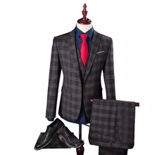 3 предмета(куртка+ брюки+ жилет) брендовый костюм Для мужчин Slim Fit серый клетчатый блейзер с принтом Busiess формальный жених свадьба Пром мужской смокинг