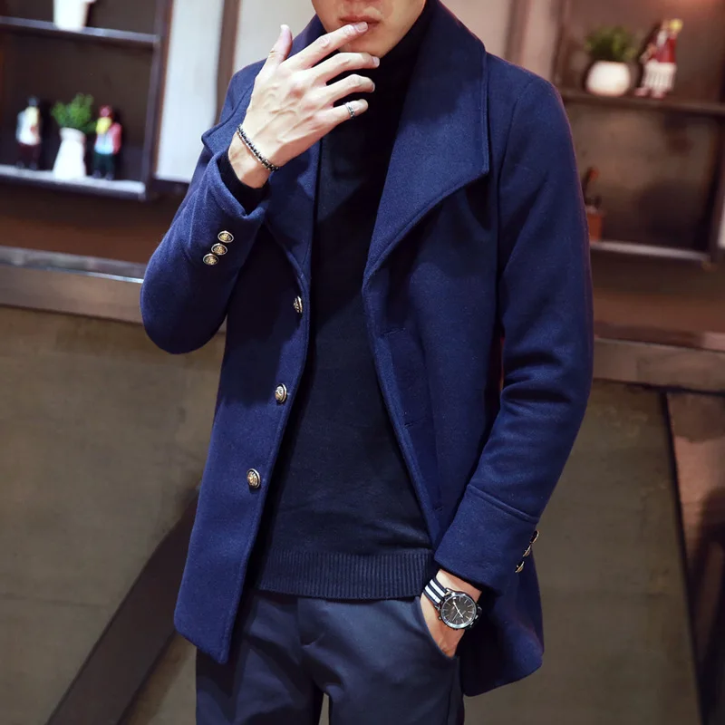 

New Winter Slim medium nh woolen coat male plaid coat men's windbreaker