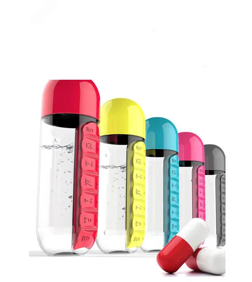 

Plastic Combine Pill Box Organizer with Water Bottle Seven Compartments with Drinking Bottle Easy Carrying Gourde En Plastique