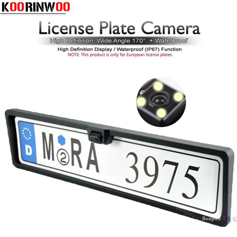 

Koorinwoo HD EU Car License Plate Frame Parking Camera 4 LED Lights Car Number Frame Backup Reverse Back up Cam Parking System