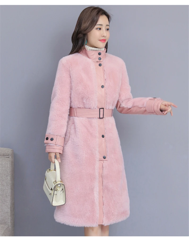 Женская зимняя длинная куртка, шерстяное пальто из овчины, меховая Толстая теплая верхняя одежда, брендовая офисная Дамская куртка с поясом, приталенная одежда размера плюс, элегантная одежда