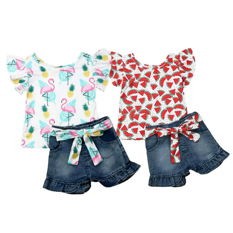 

Pretty Kids Baby Girl Clothes Sets Summer 2Pcs Fly Sleeve Printed T-shirt Bow Lace-up Denim Shorts Girl Cotton Outfits 1-6Y