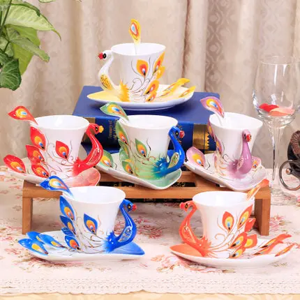 200 мл павлин эмаль фарфоровый набор для кофе керамический чай молочные чашки и блюдца с ложками креативный китайский кости посуда для напитков подарок