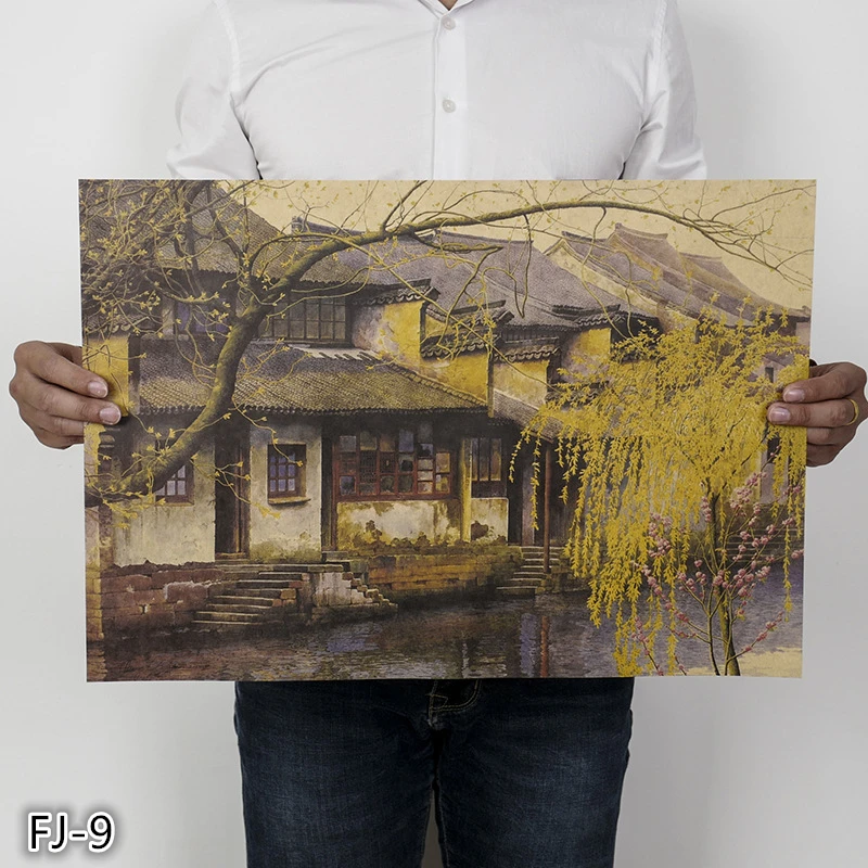 Деревенский пейзаж плакат ретро оберточная бумага в винтажном стиле постер для спальни гостиной бар элемент декоративной живописи FJ-1-9 - Цвет: FJ-9