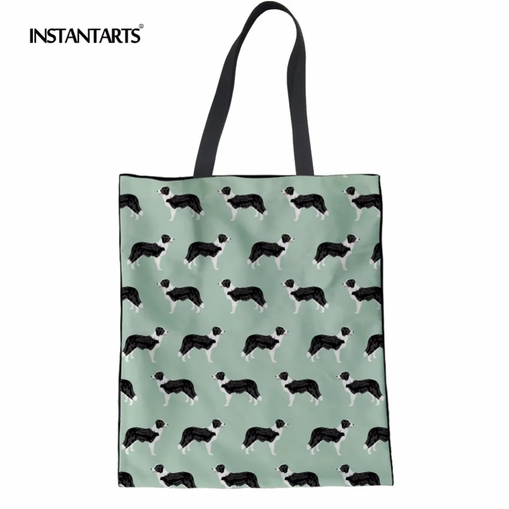 

INSTANTARTS Cute Border Collie Pattern Women Tote Casual Canvas Handbags Eco-friendly Shopping Bags Canvas Linen Top Handle Pack