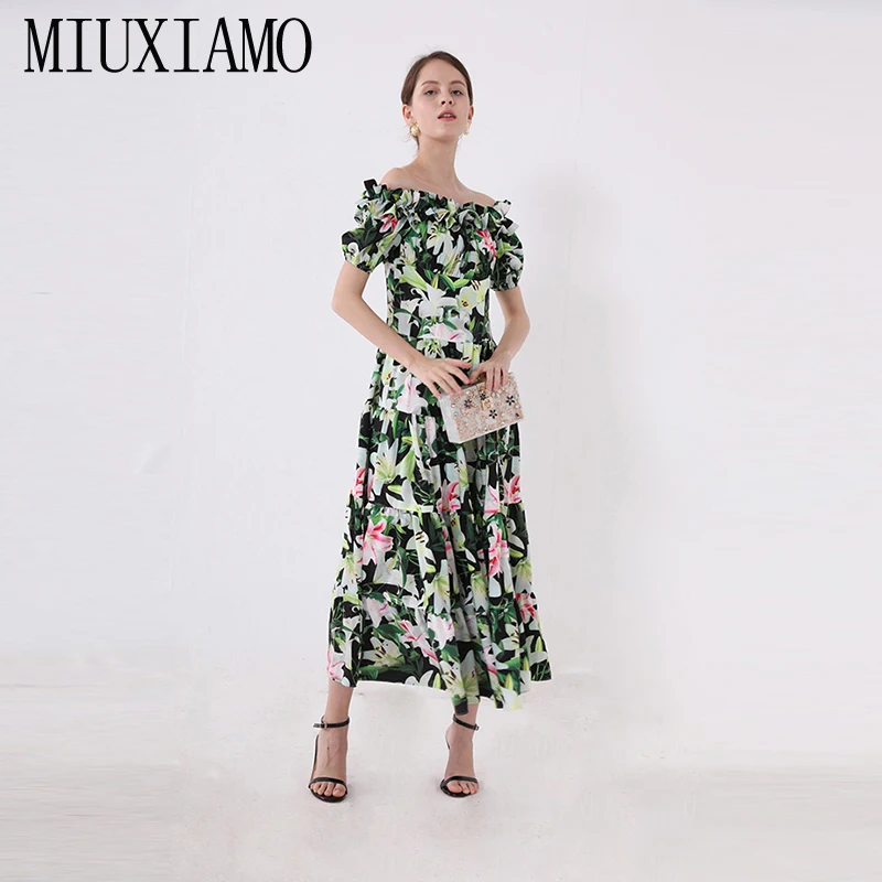 

MIUXIMAO Custom Plus Size Floral Dress 2019 Spring&Summer Flower Print Elegant Green Casual long Dress Women vestidos