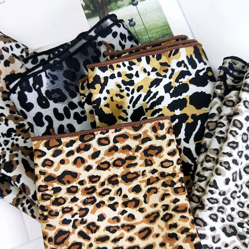 Women Leopard Printed Triangle Neck Scarf Bandana Kerchief Multifunction Hair Tie Chiffon Scarf