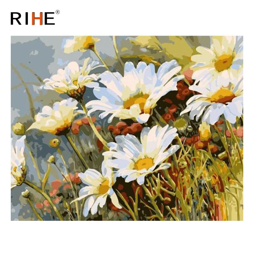 

RIHE Bloomy Chrysanthemum Diy Painting By Numbers Flower Oil Painting Cuadros Decoracion Acrylic Paint On Canvas Modern Wall Art