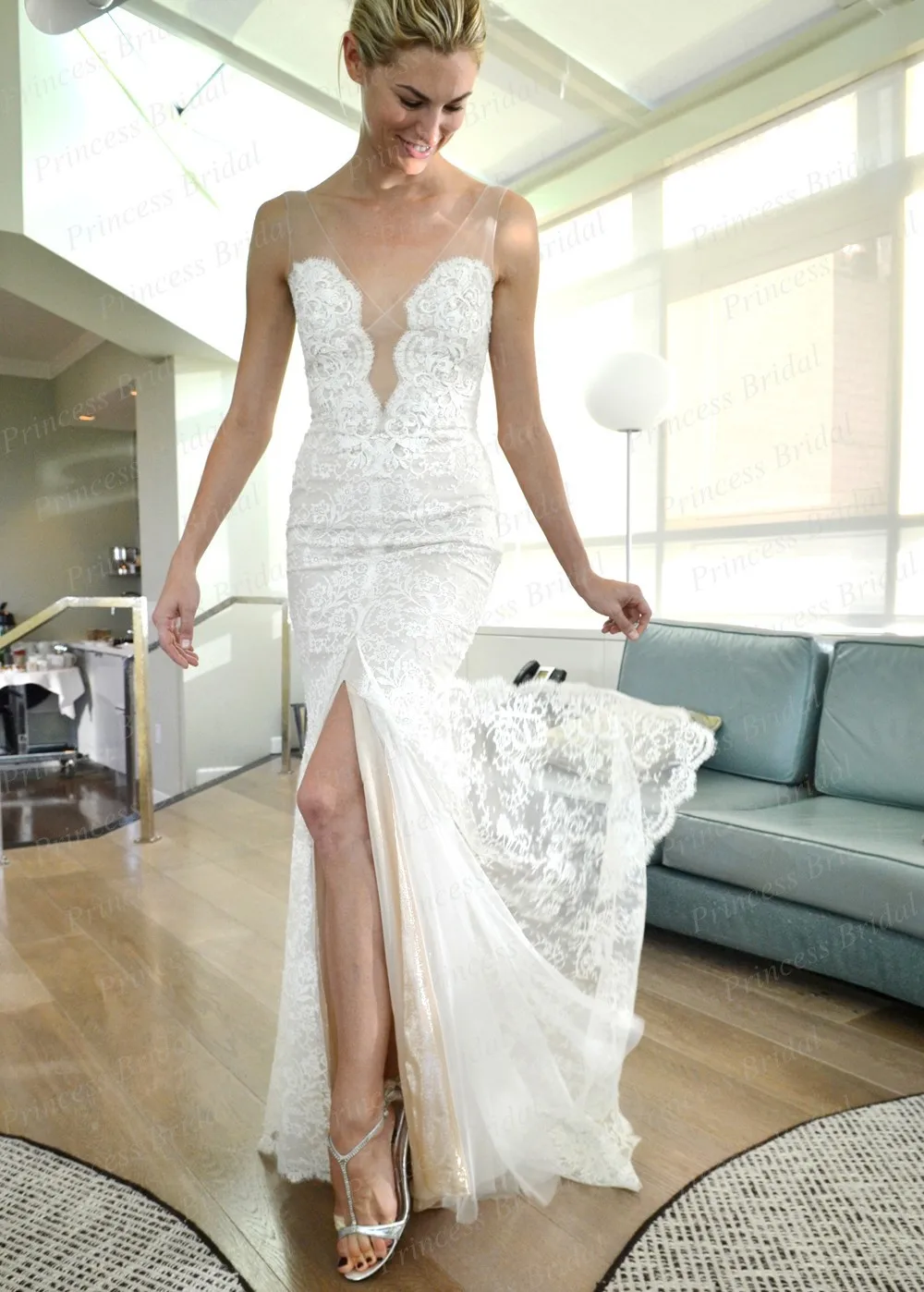 2015 Fall Bridal font b Wedding b font Gown Back Low Cut Fishtail V Neck Sweep