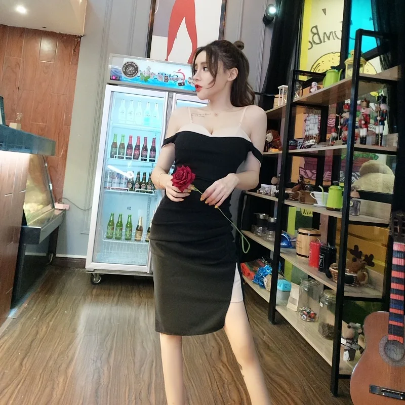 2018 New Arrivals Summer Women sexy Brassiere  strapless  A word collar  fold  Forking Paty  Dress Free Shipping