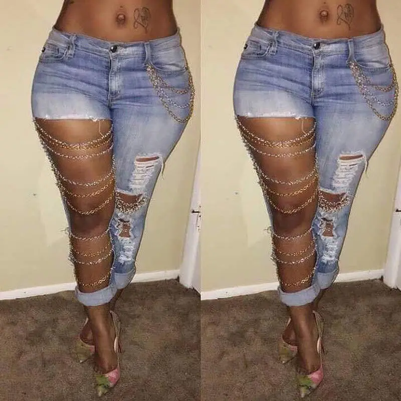 

Fashion Women's Jeans Tear Pants, Stretch Jeans, Short Sleeved Pencil Pants