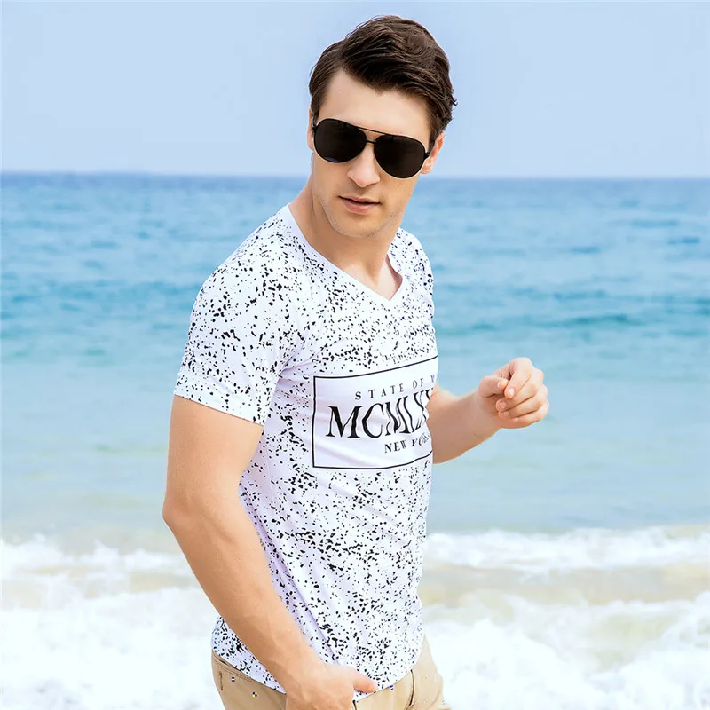 FREDD MARSHALL Brand Men T-shirts 2018 New Men\'s Cotton V Neck Short Sleeve Words Polka Dot Print Fashion Tee Shirt Tops Clothing  (5)