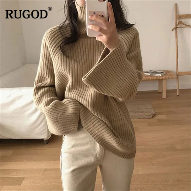 RUGOD Knitted Warm Winter Clothes Vintage Fashion Solid Women Sweaters Turtleneck Loose Casual Pullovers pull femme hiver | Женская