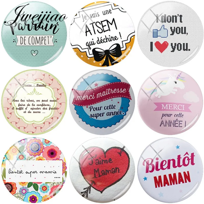 

JWEIJIAO 5pcs/lot Merci Maitresse Je T'aime Maman DIY Glass Cabochon Dome Charms For Custom Keychain Necklace Earrings Gift