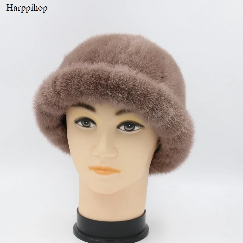 Шапка Harppihop s натуральный мех норки, шапка, модная женская шапка для девушек, шапочки, утолщенная, сохраняющая тепло