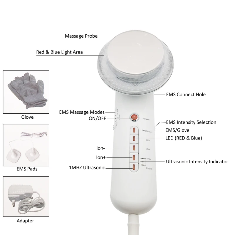 6 в 1 коррекции фигуры Вес кожи потери затянуть фирма чистка лица ультразвуковая EMS гальванической светодиодный фотона лица и тела массажер