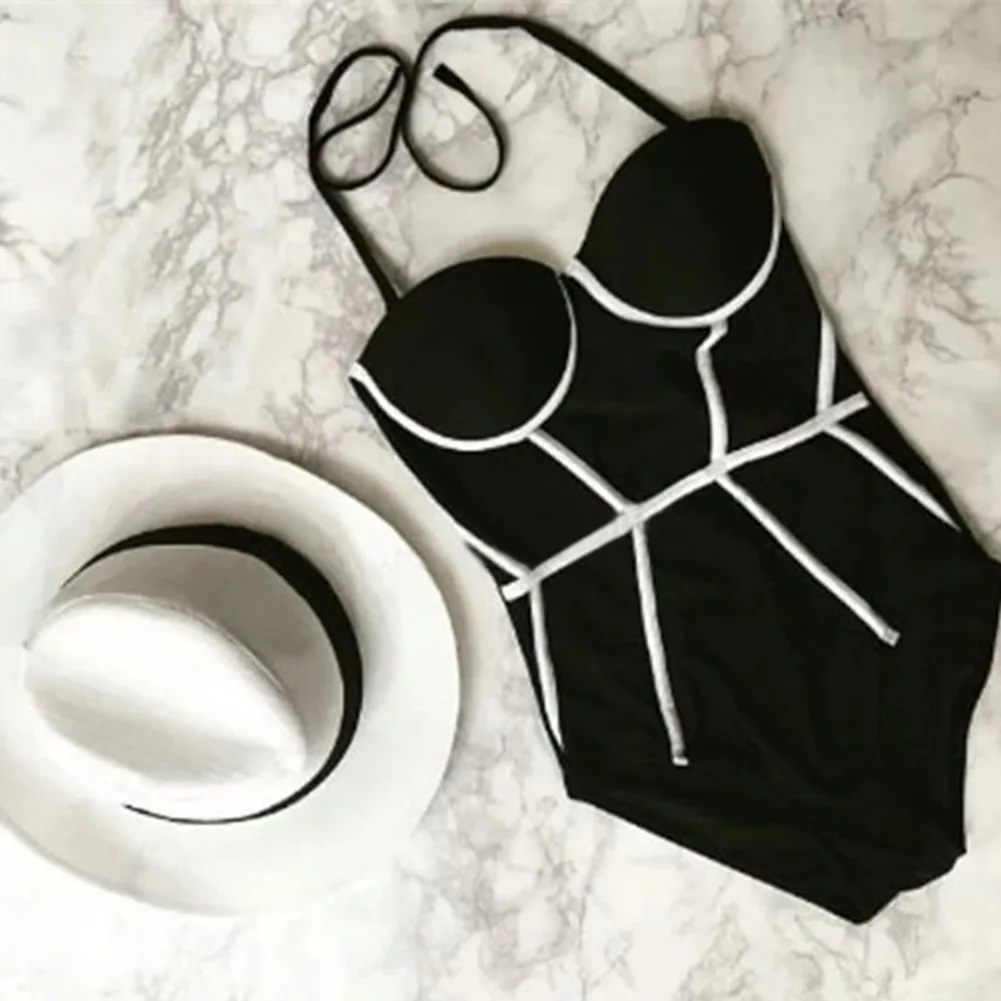 New Strap Push Up One Piece Swimsuit Padded Women Patchwork Swimwear Women's Swimming Wear Bathing Suit Lady Beachwear Elegant