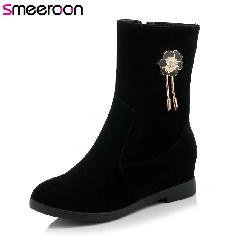 

Smeeroon new arrival autumn winter boots round toe women boots zip mid calf boots low heels wedding shoes big size 34-43