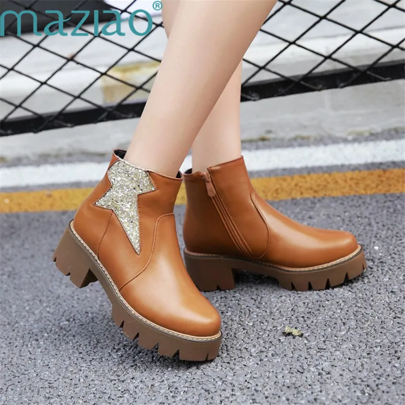

Autumn Boots High Quality PU Leather Square High Heels Ankle Boots for Women Shoes Platform Side Zipper Short Boots MAZIAO
