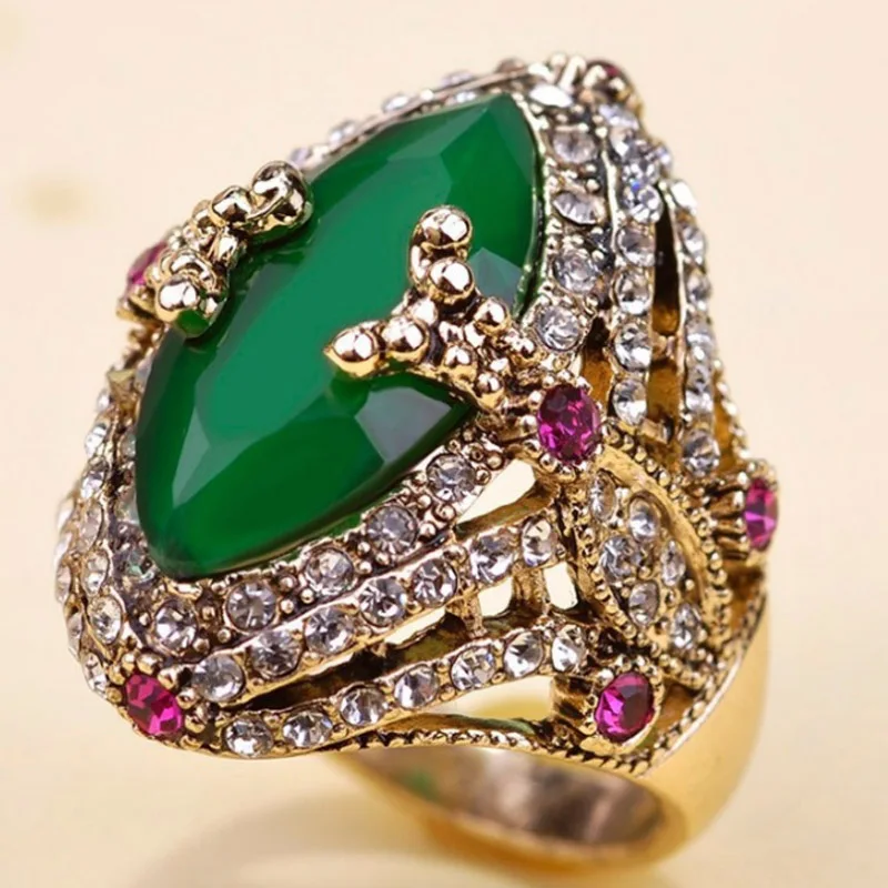 

Blucome Fashion Turkish Resin ring Accessories Shiny Women Party Flower Ring Green Anel Colares Vintage Aneis rhinestone Rings