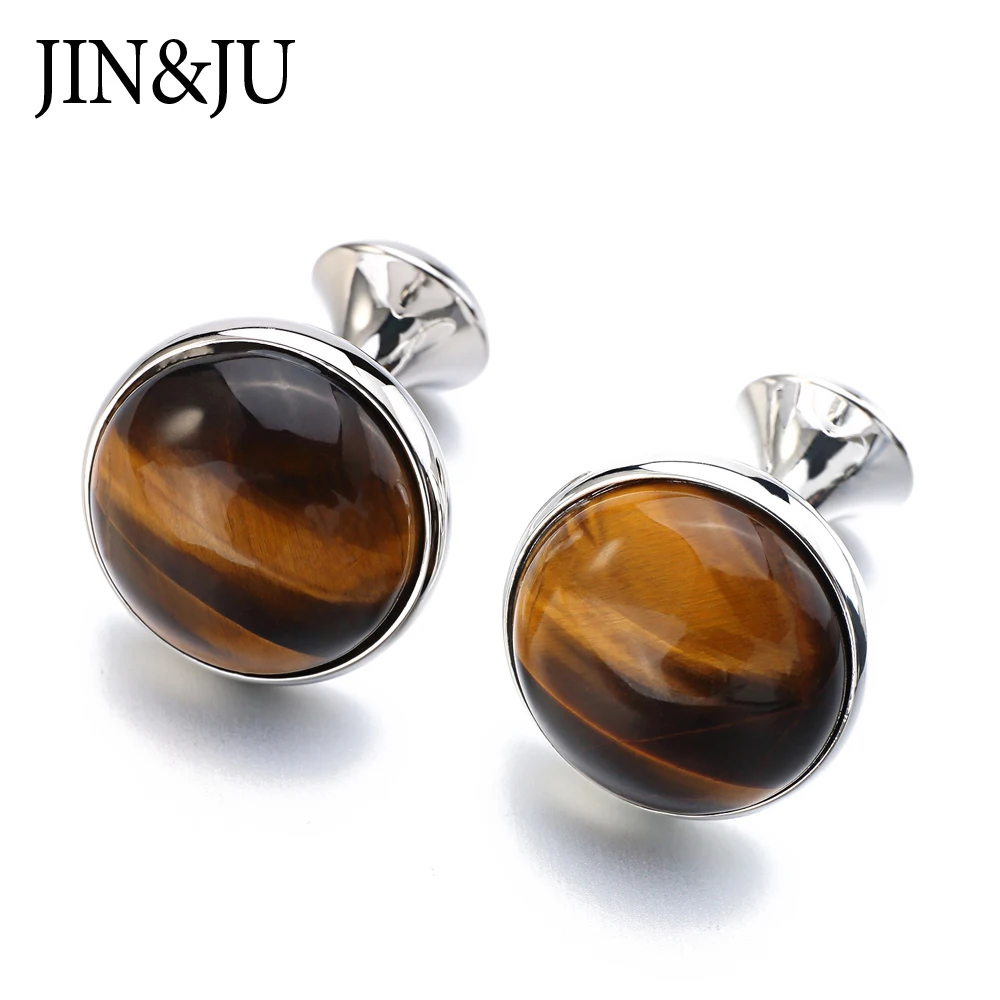 Красивые натуральные запонки JIN & JU из тигрового камня и золотой сетки