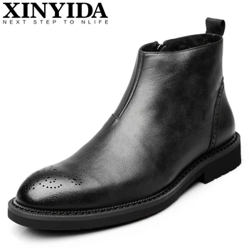

2020 Autumn Brogue Leather Boots Slip On Breathable Genuine Leather Martin Boots Ankle Botas Vintage Fashion Men Boots Size38-44