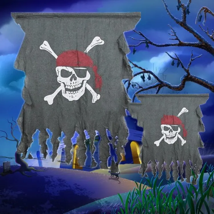 Tattered Cotton Creepy Pirate Flag Decoration Party Accessory Pirate Skull and Crossbones With Wooden Rod Flag Halloween Decor