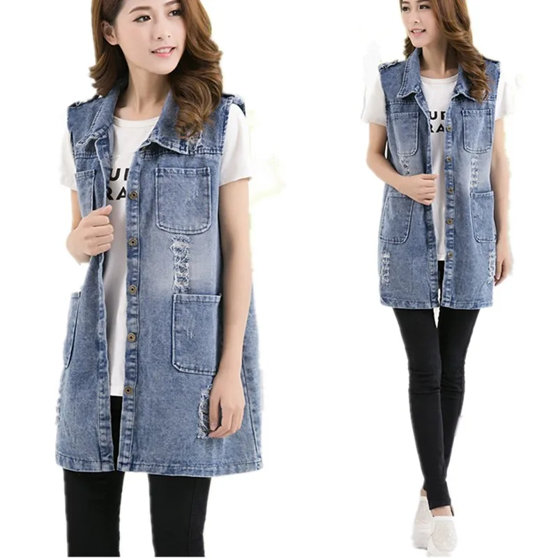 5XL Large Size Hole Denim Vest Women 2017 New Spring Casual Pocket Long