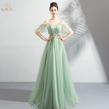 

Light Green Prom Dresses vestidos de graduacion 2020 Off Shoulder Spaghetti Straps Lace Appliques Illusion Beading Evening Gowns