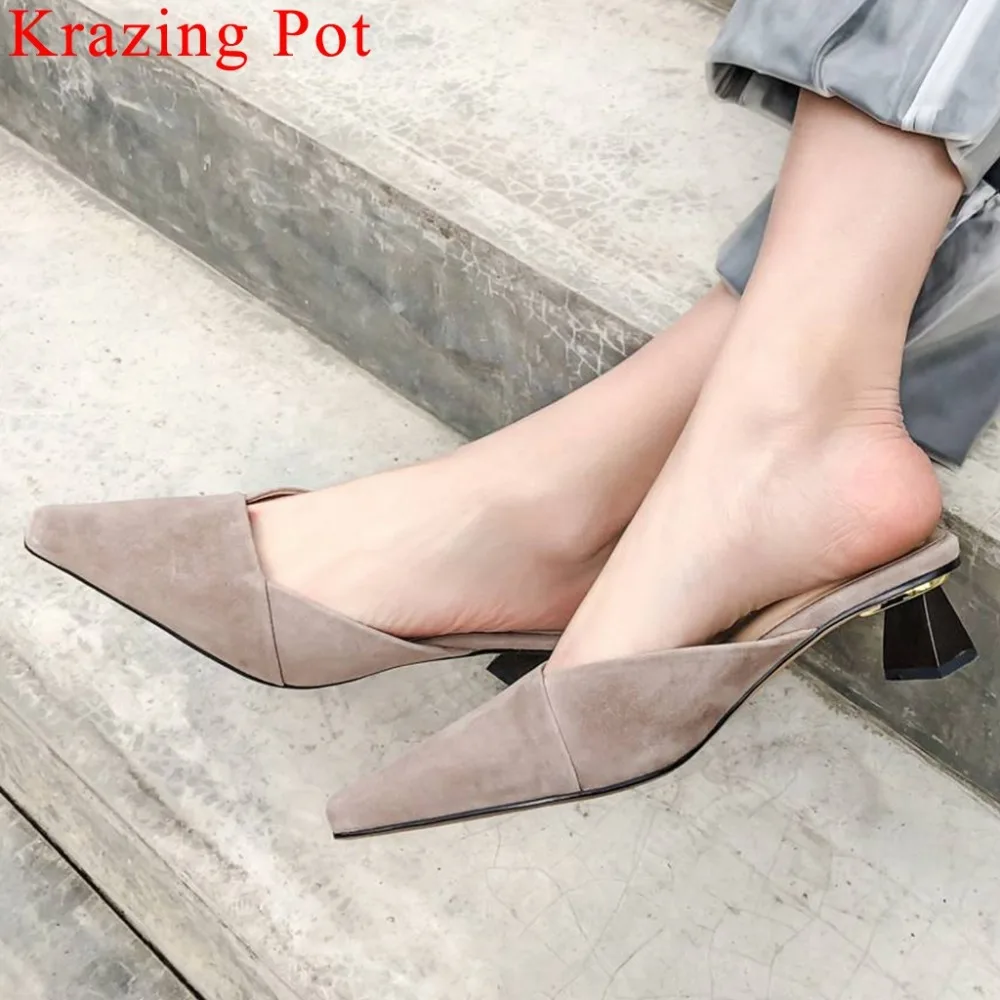 

Large size full grain leather office lady strange style med heels slip on square toe mules fashion runway dress party pumps L21