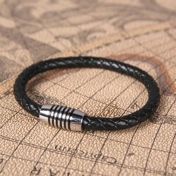 

New Classic Style Men Leather Bracelet Simple Black Stainless Steel Button Neutral Accessories Hand-woven Jewelry Gifts PS573