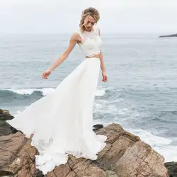 Лори Пляж из двух частей свадебное платье-бохо Scoop Линия кружево топ шифоновая юбка платье принцессы, невесты свадебное платье Бесплатная