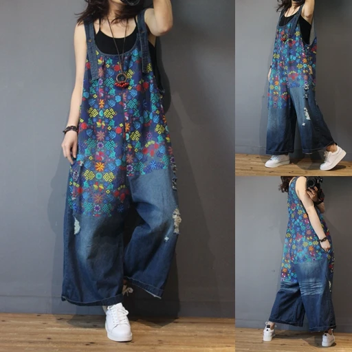 

Spring Summer Women Casual Loose Plus Size Vintage Print Adjustable Suspender Strap Wide Leg Pants Denim Playsuits