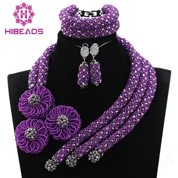 

Fashion Purple Mix Silver African Costume Jewellery Sets Women Party Engagement Bead Necklace Set Nigerian Free Shipping WE013