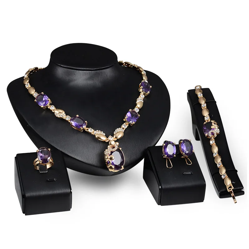 Свадебный золотистый цвет пурпурный Стразы свадебное ожерелье серьги браслеты набор женский тонкий Гипербола индийский модный комплект ювелирных изделий