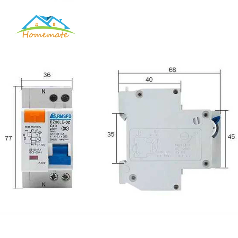 230 В 1 P+ N 10A/16A/20A/25A/32A выключатель остаточного тока с защитой от перегрузки по току и короткого ток утечки RCBO MCB