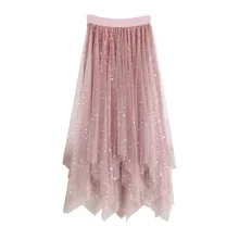 Длинная женская юбка из тюля, новинка, Осень-зима, Корейская элегантная плиссированная юбка средней длины с высокой талией, Женская нестандартная бархатная блестящая юбка