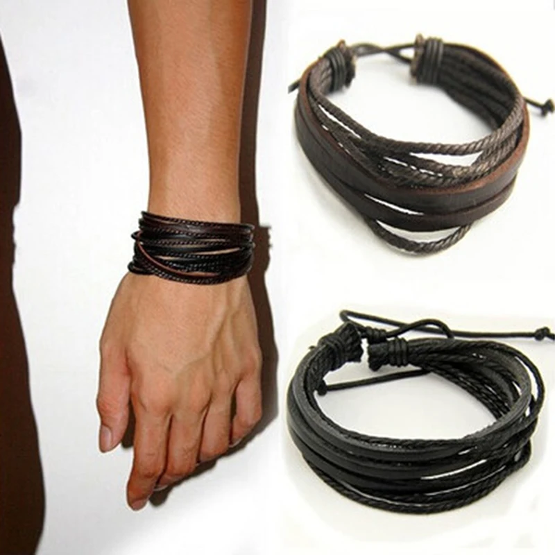 

Vintage Men's Hand-woven Leather Bracelet Multilayer Leather Bracelet Men Fashion Braided Rope Wrap Bracelets Bangles Male Gift