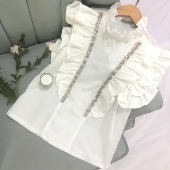 

Hchenli Brand 2019 Women Beaded White Shirt Fashion High Quality Ruffle Collar And Sleeve White Blouse wholesale retail