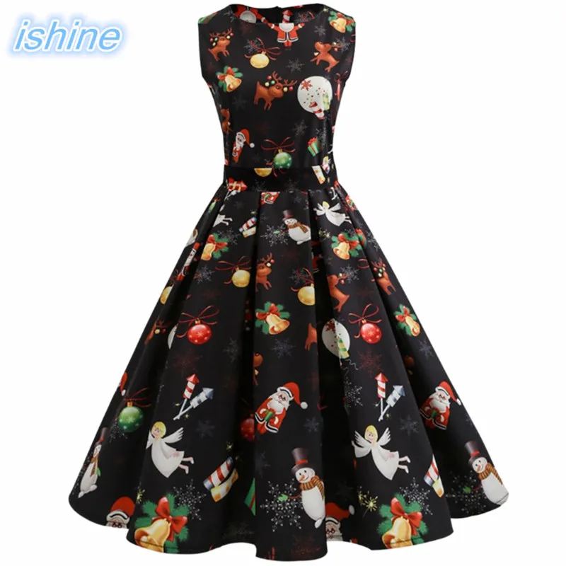 

Vintage Autumn Winter Dresses Christmas Party Dress Women Retro Hepburn Style 2017 O-neck Sleeveless Swing Party Dresses Female