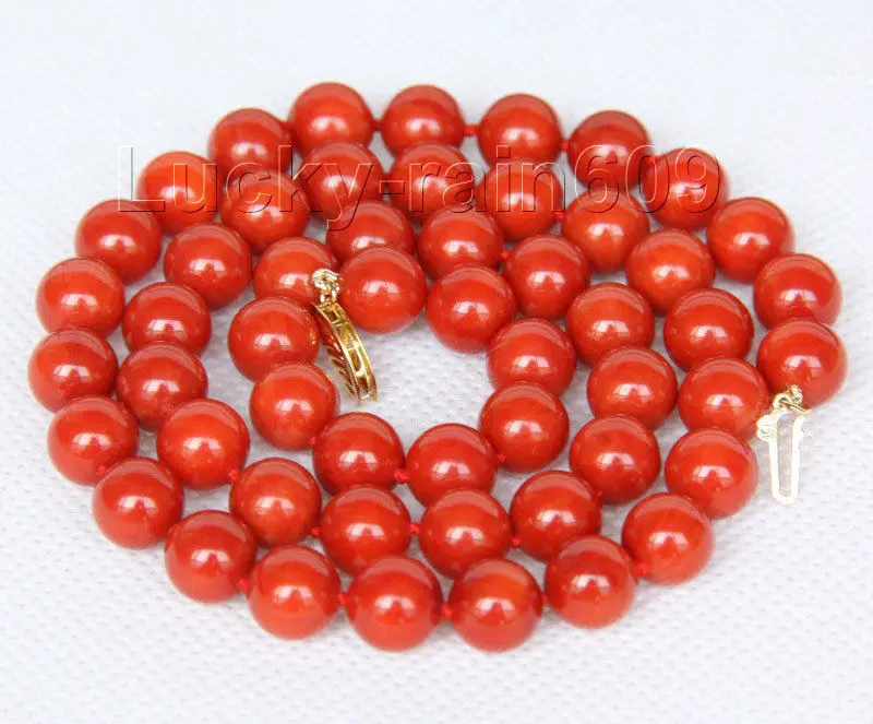 

AAA natural 17" 8.5mm round dark red coral necklace 14KGP gold clasp E2526