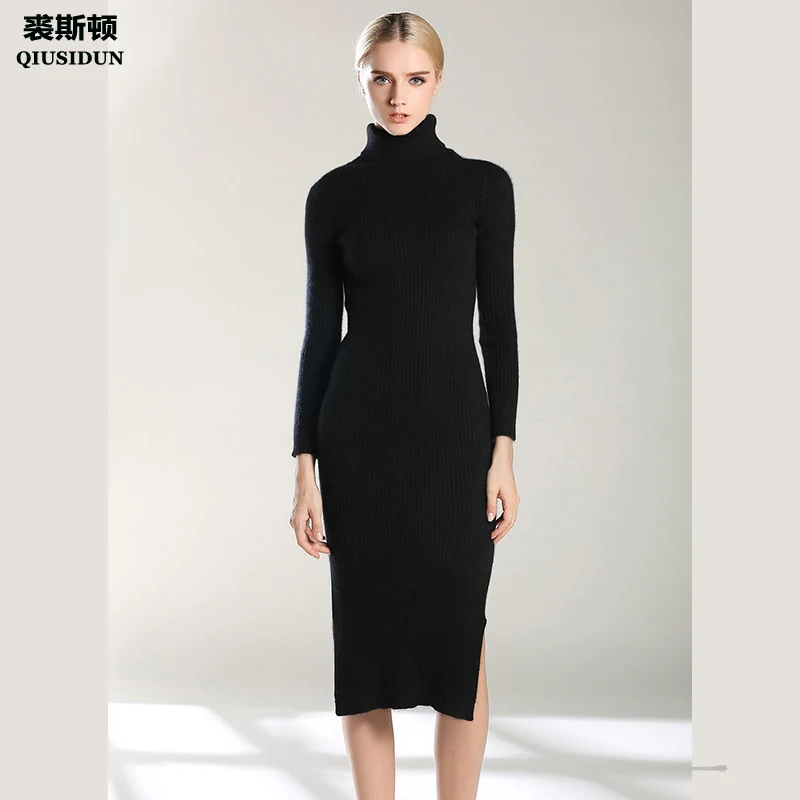 

QIUSIDUN Knitted Dress O-Neck Long Sleeves Plus Size Ladies Black Womens Elegant Women's Warm Clothes Large Clothing 2017 Winter