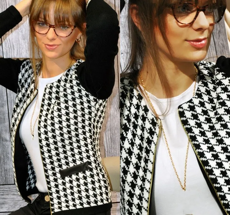 

Women Fashion Coat Tweed Jacket Casual Plaid Jacket Autumn Winter Black Checkered Jacket Outerwear