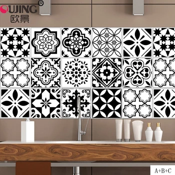 Black and White Retro Tiles Wall Sticker Kitchen Bathroom Waterproof Tile Waist Line Wallpaper PVC Floor Peel Stick Art Mural